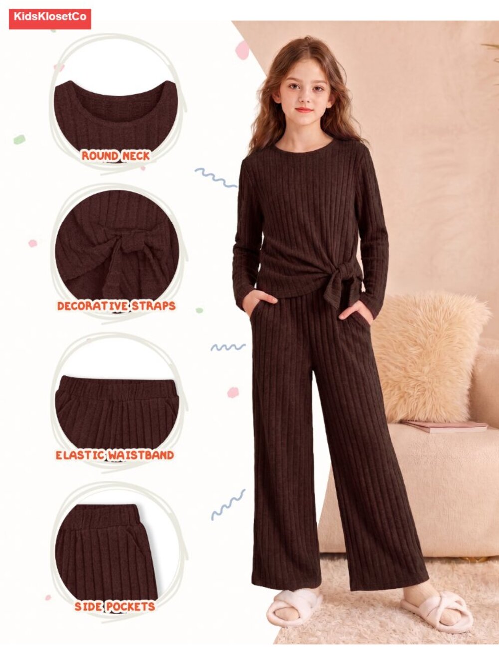 Girls 2 Piece Ribbed Knit Top & Pants Set Fall Winter 7-14Y - Picture 6 of 6